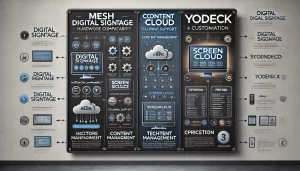 "Khám phá ưu điểm và đặc trưng của các nền tảng MESH Digital Signage, ScreenCloud, và Yodeck. Tìm hiểu cách các giải pháp này đáp ứng nhu cầu doanh nghiệp về quản lý nội dung, hỗ trợ phần cứng, và tính năng tùy chỉnh hiệu quả."
